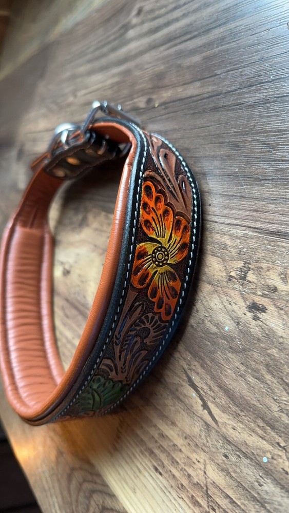 LEATHER DOG COLLAR Hand Tooled Brown Orange/green Flowers (size XL)