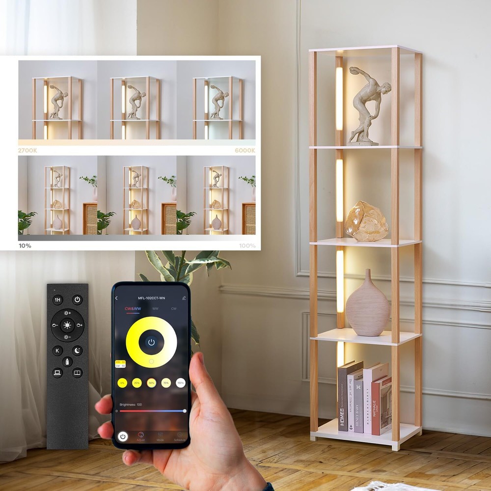 Floor Lamp with Shelves, Modern Shelf Lamp with Remote/APP Control, Standing ...