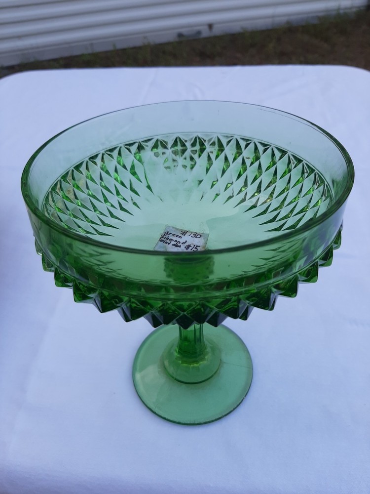 Vintage Emerald Diamond Cut Glass Serving Dish  