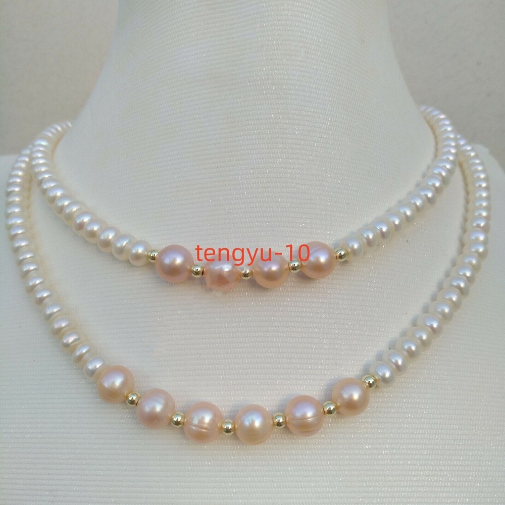 ELEGENT AAA Double Strand Akoya White&Pink Pearl Necklace 14k Gold 17-19in-image