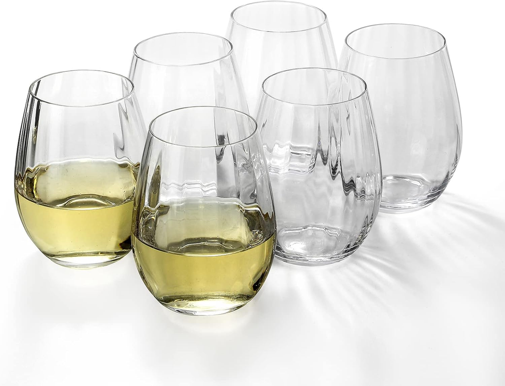 Ribbed Optic Stemless Wine Glasses Set of 6 - 18oz Elegant White Wine Tumblers