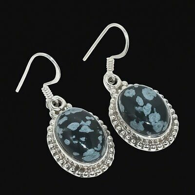 Natural Snowflake Obsidian Gemstone Earrings in 925 Solid Sterling Silver 1.38 Inch Length Elegant Jewelry for Women and Men