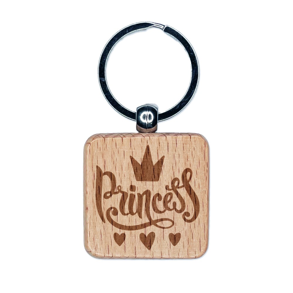 Princess Cursive with Crown and Hearts Engraved Wood Square Keychain Tag Charm