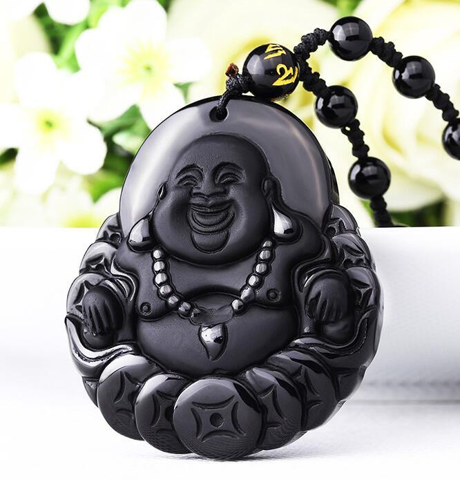 Natural Black Obsidian Pendant Chinese Amulet Coin Buddha Lucky Necklace Jewelry