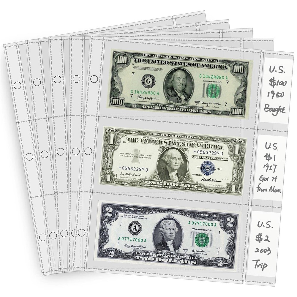 50 Sheets 3 Pockets Currency Pages for Paper Money Collection Banknote