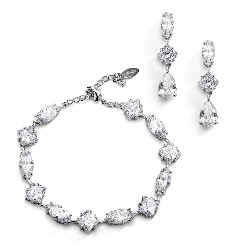 Mariell Silver Zirconia Crystal Wedding Bracelet & Earrings Set for Women, Je...