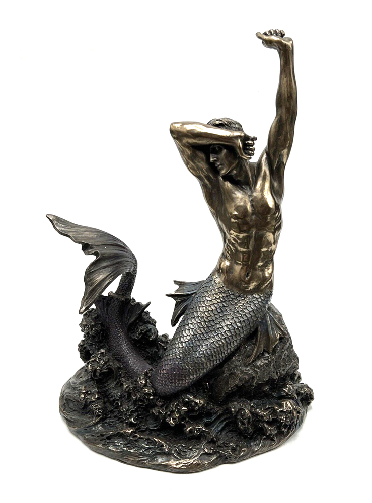Veronese Design 7 7/8″ Tall Merman Stretching on Rock Cold Cast Resin Antique