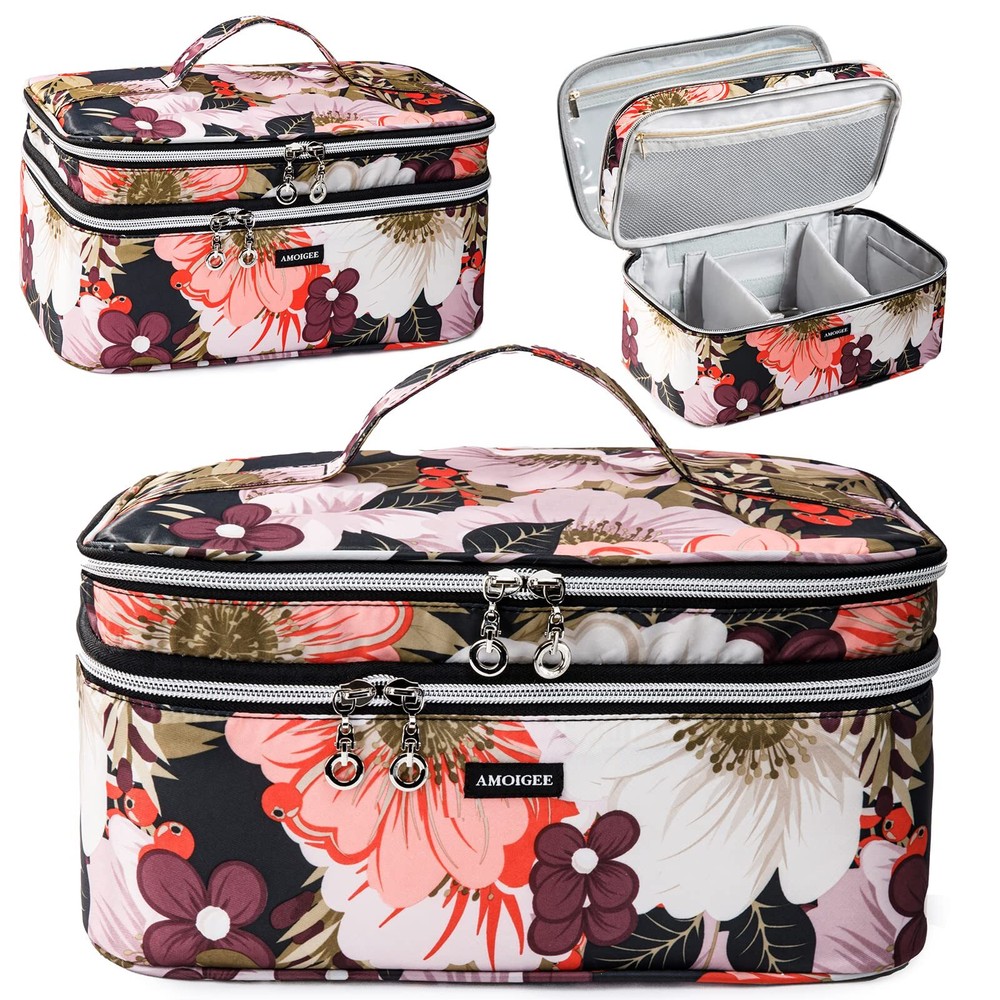Large Double Layer Travel Makeup Organizer Toiletry Bag Train Case for Cosmetics