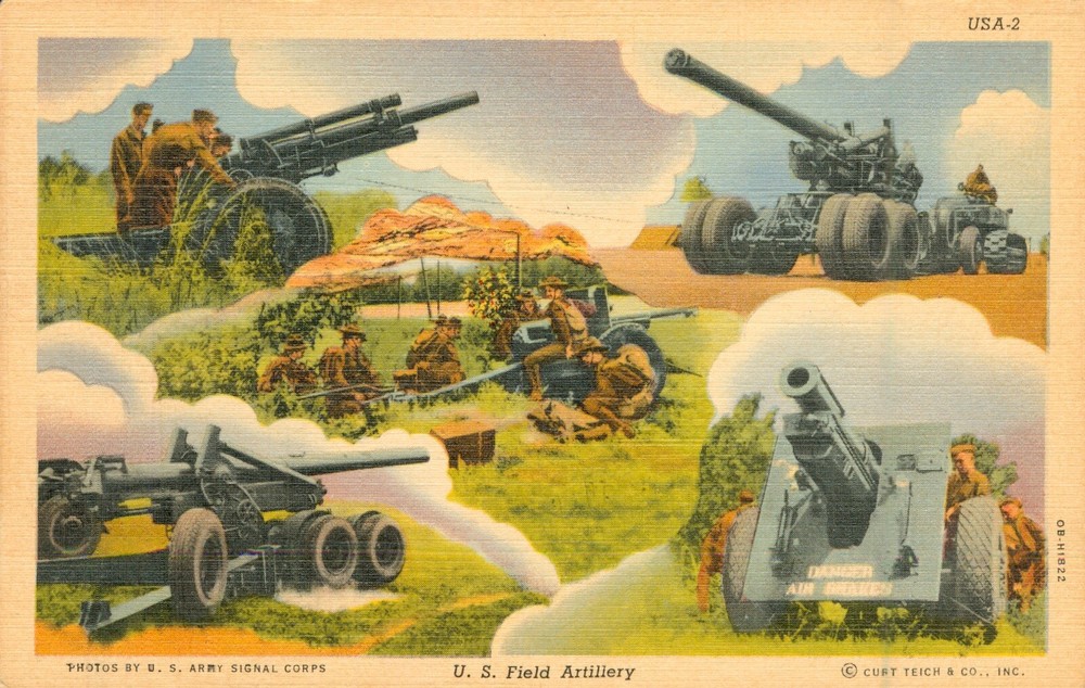 U.S. ARMY SIGNAL CORP c1940s US Field Artillery CANNONS - LINEN Antique POSTCARD