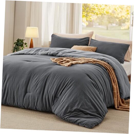 Bedding Comforter Sets Reversible Grey Prewashed Bed Queen 06 - Dark Grey/Grey