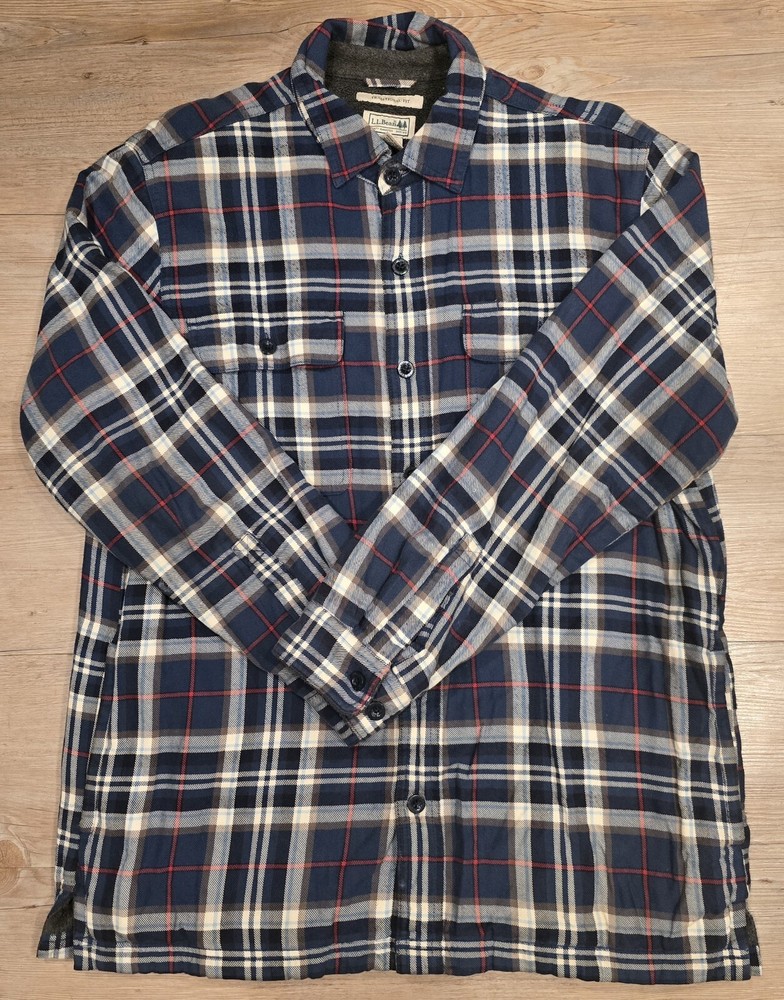 LL Bean Flannel Shacket Shirt Medium Blue White Red Plaid Traditional Loose Fit