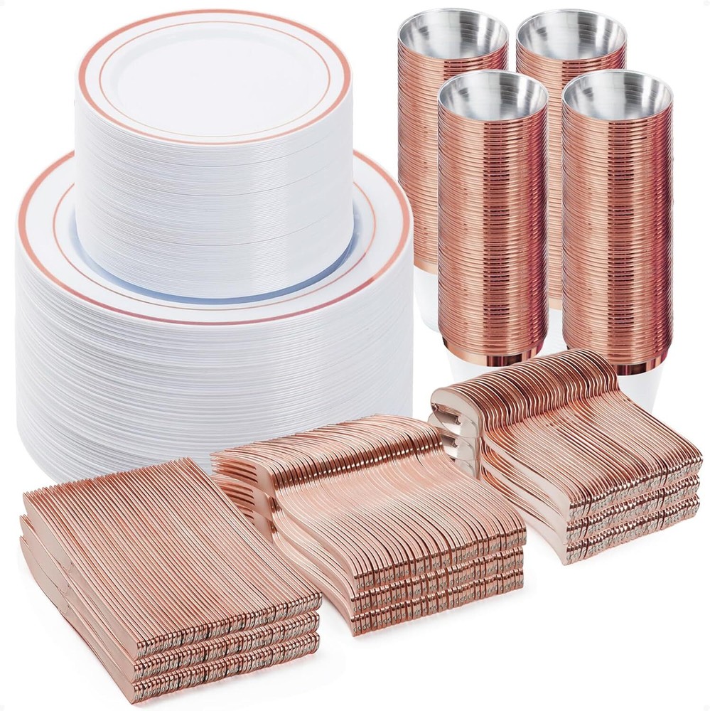600PCS Plastic Dinnerware Set (100 Guests), Rose Gold Disposable Plates