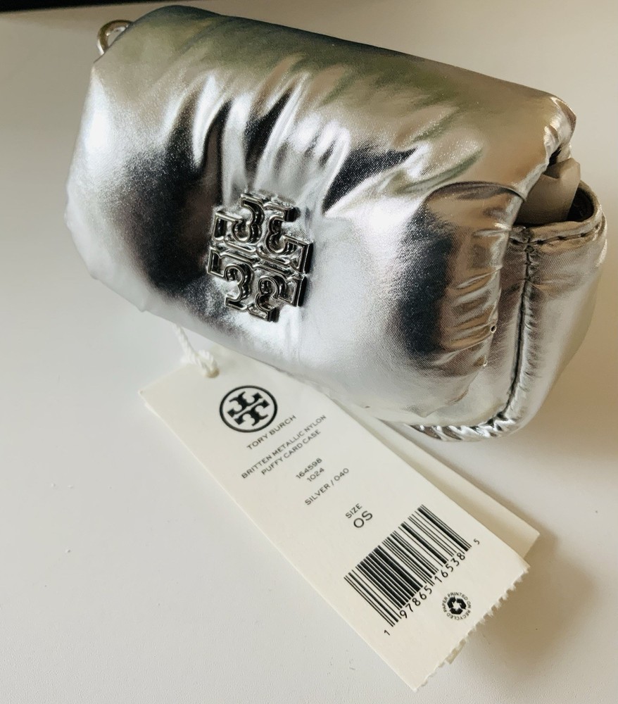 Tory Burch Britten Nylon Puffy Card Case Coin Wallet Pouch  SILVER FREE SHIPPING