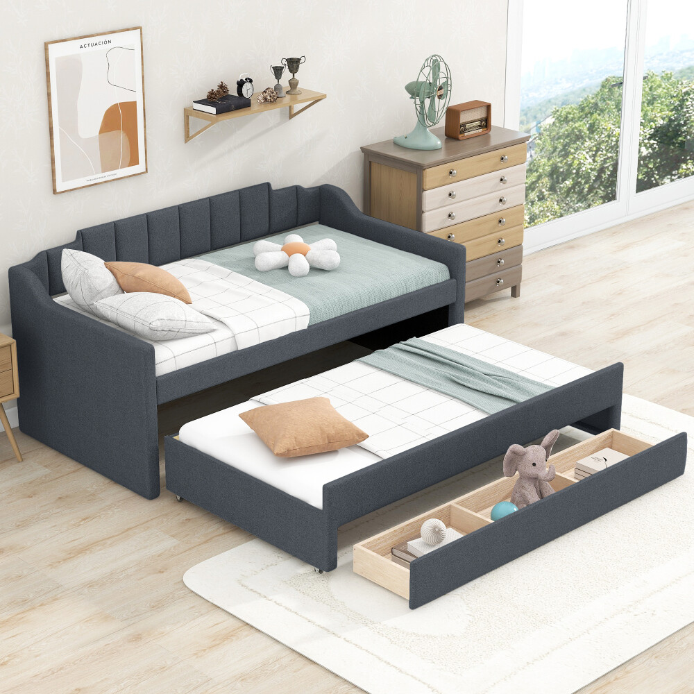 Twin Modern Upholstered Daybed with Trundle and 3 Drawers in Grey  