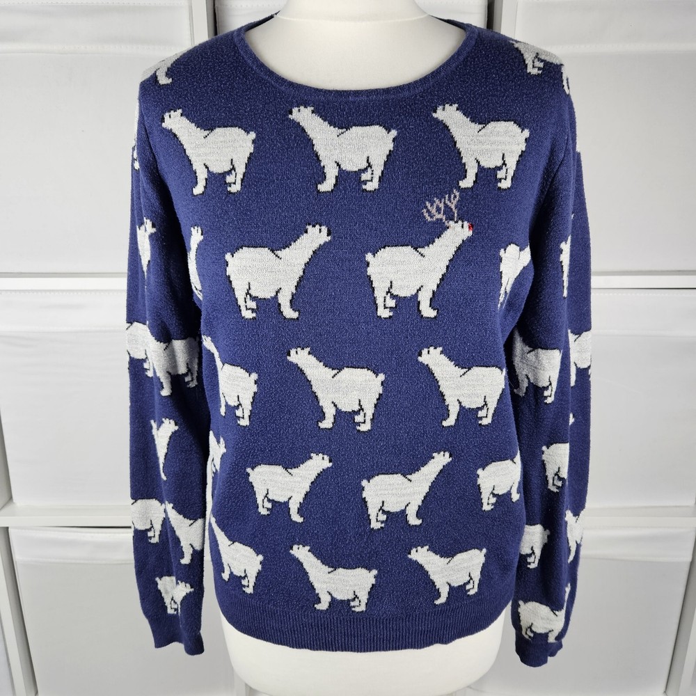 George Cute Blue Christmas Jumper Size 12 Polar Bear & Reindeer Silver Xmas