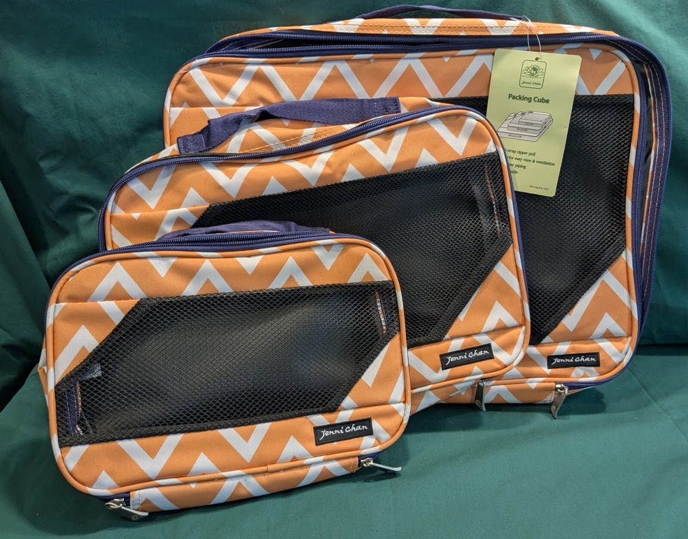 Jenni Chan 3 Piece Mesh Packing Cube Set-Sm, Med, Lg Orange w Zig-Zag Design