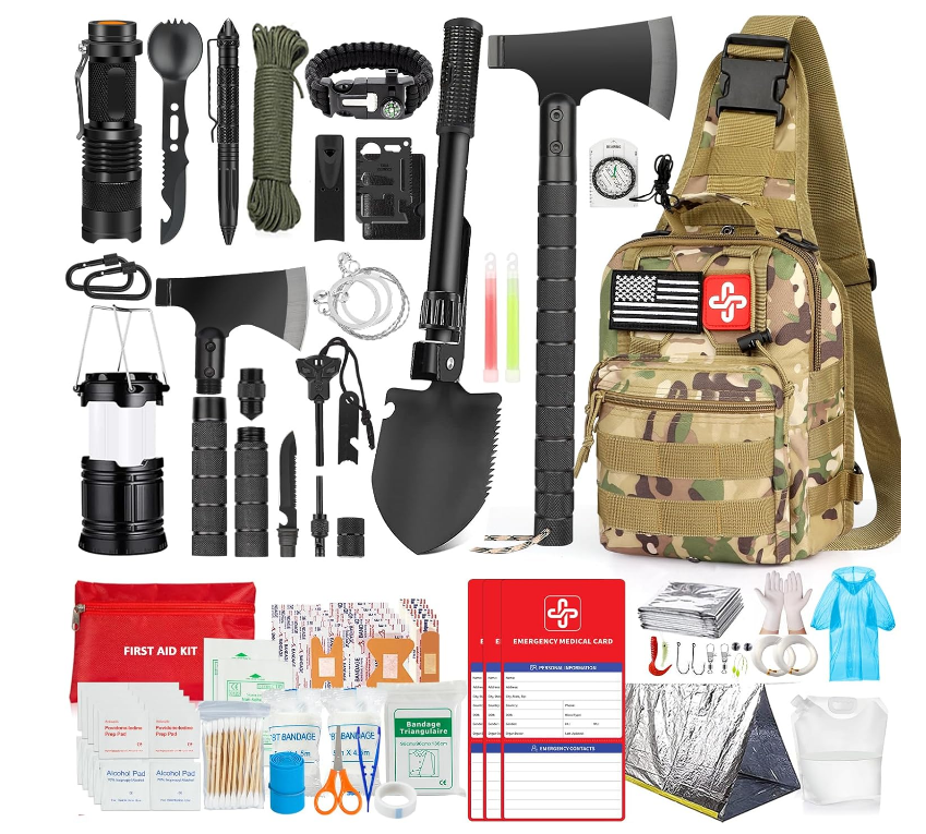 262Pcs Survival Kit with First Aid, Tent, Shovel, Axe & Emergency Bug Out Bag for Outdoor Adventures