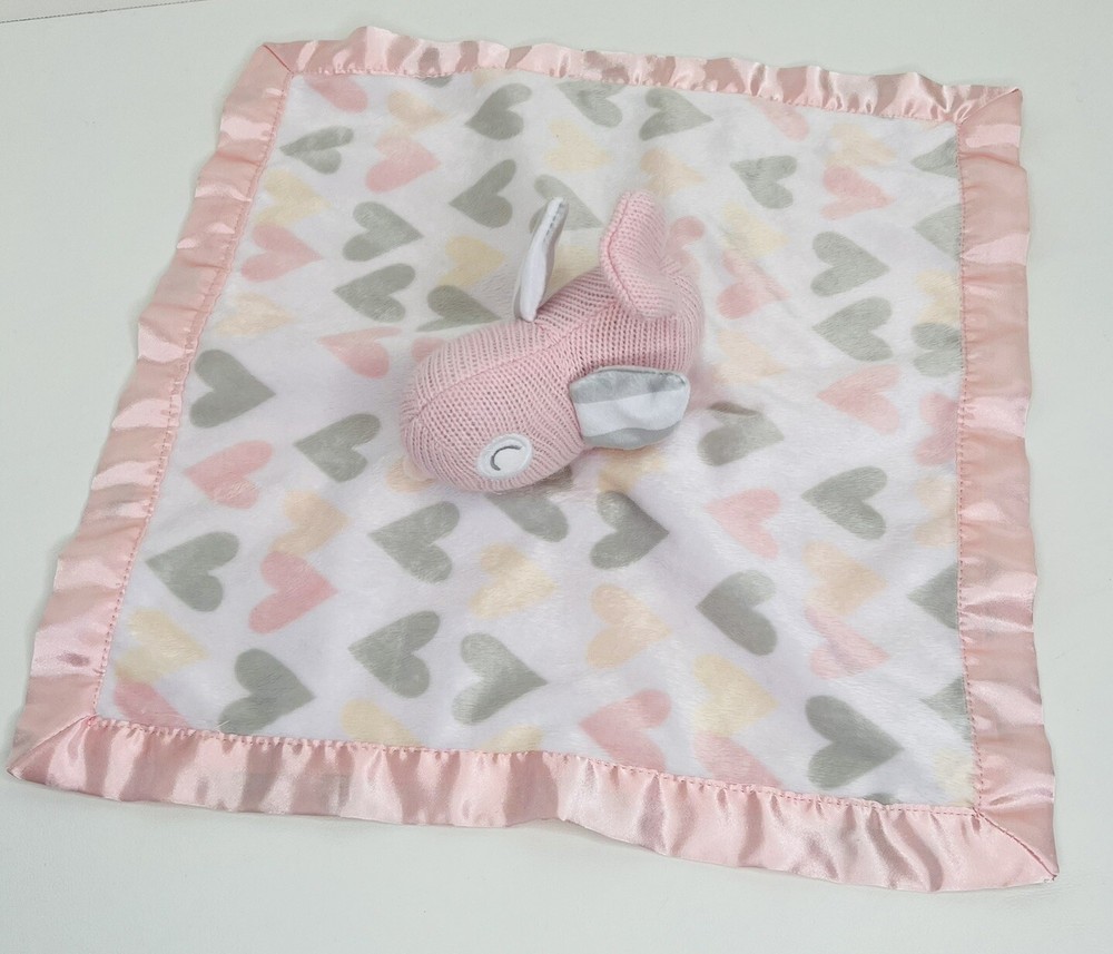 Cloud Island Knit Baby Bird Pink Gray Hearts Security Blanket Lovey Satin Trim