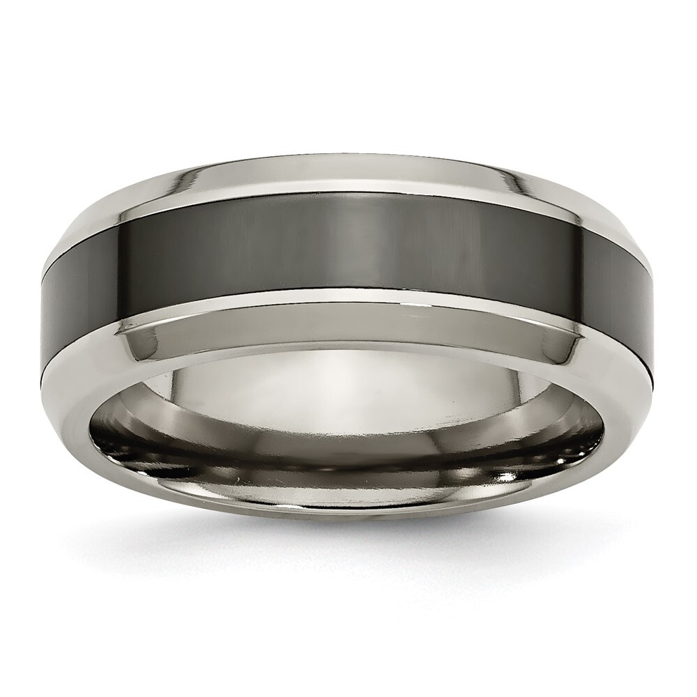 Titanium Polished with Black Ceramic Center 8mm Beveled Band Ring Size 9