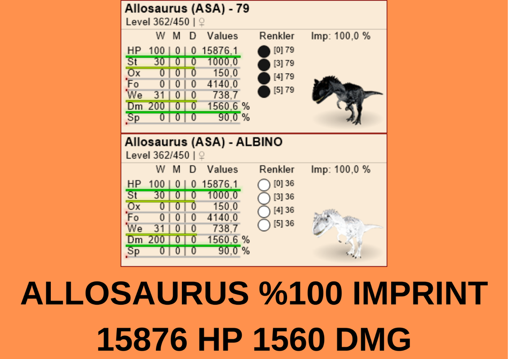 ALLOSAURUS 1560 DAMAGE 15876 HP %100 imprint Ark Survival Ascended Official PVE