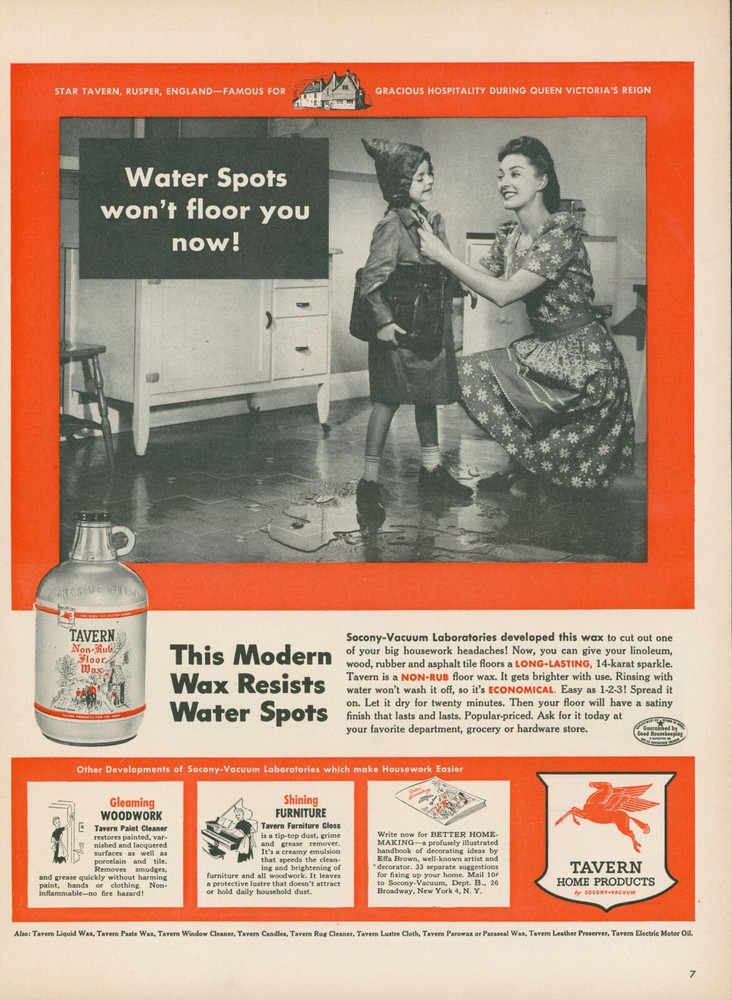 1944 Tavern Floor Wax No Water Spots Mom Child Rain Gear Vintage Print Ad L28