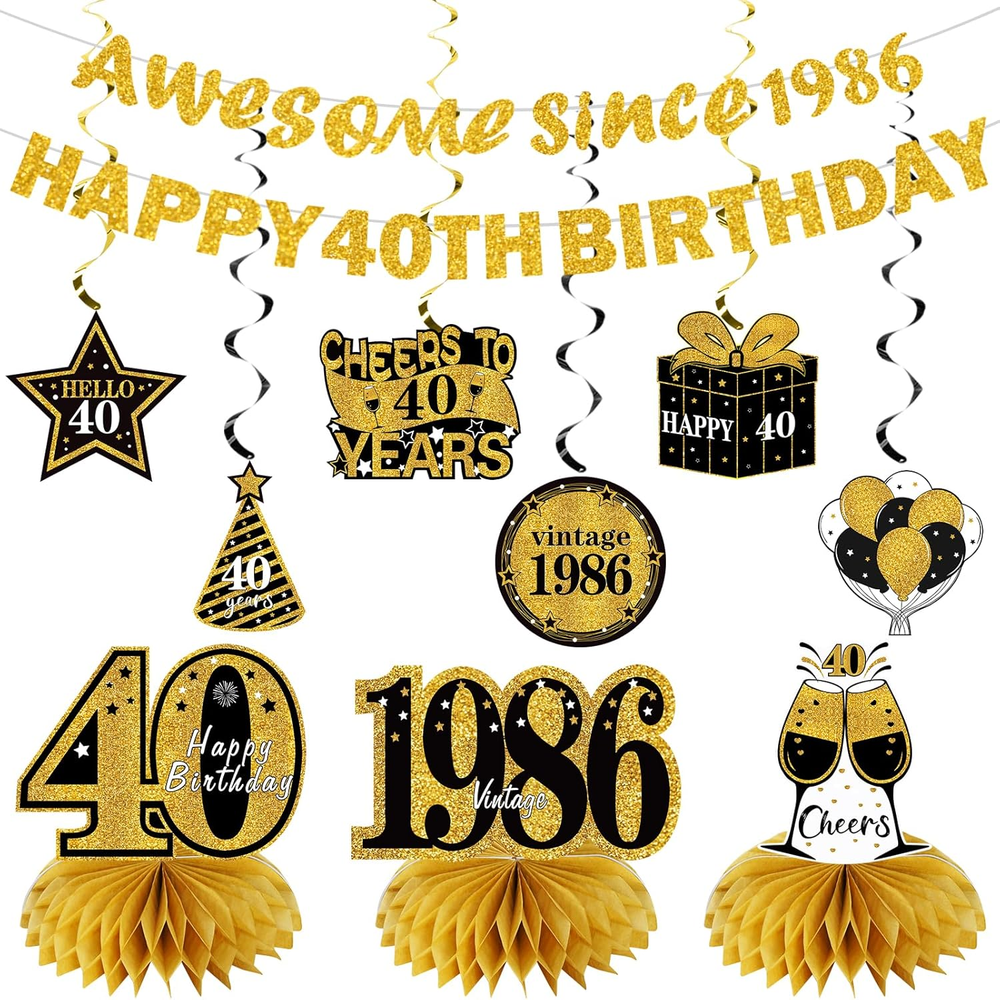 11Pcs 40Th Birthday Decorations Kit for Men Women, Black Gold Happy 40Th Birthda