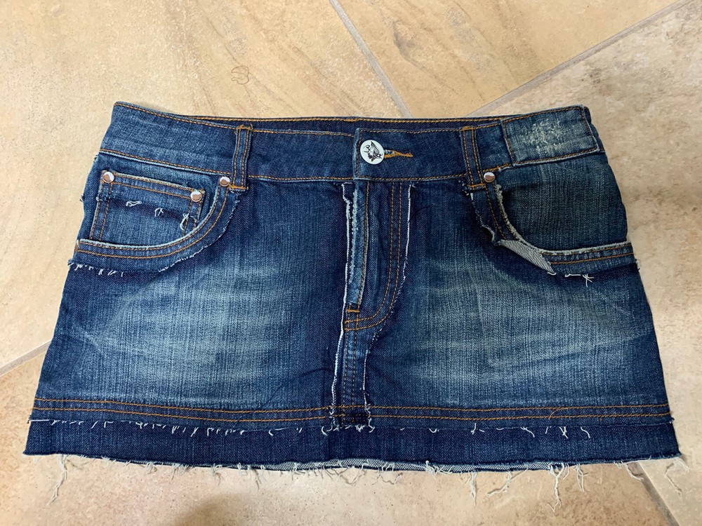 buffalo david bitton Y2K  90s women 27 Blue cotton denim frayed mini skirt EE