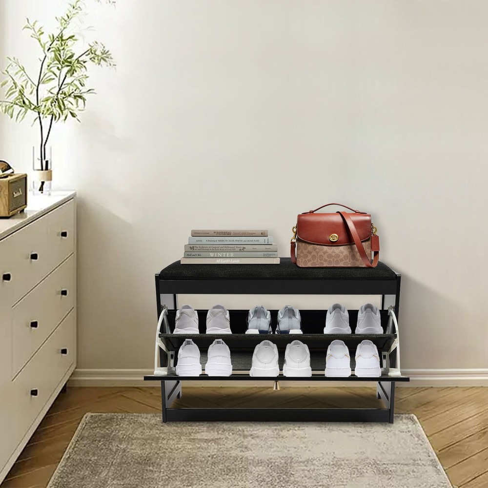 Shoe Cabinet Storage Black W/ Flip Drawer 2-Layer Wood Change Shoe Storage Stool
