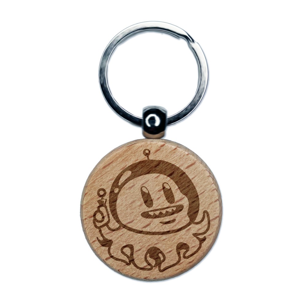 Alien Space Octopus Engraved Wood Round Keychain Tag Charm