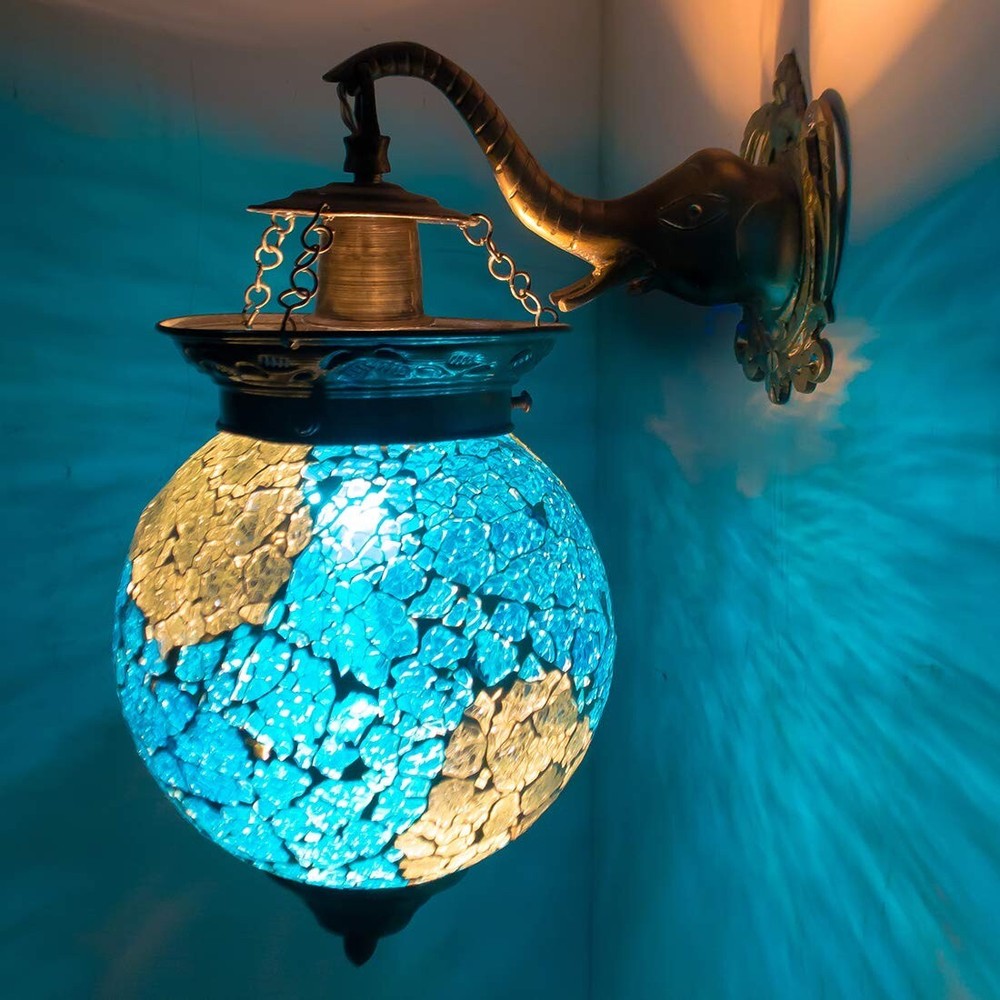 Ice Blue Turkish Moroccan Mosaic Hanging Lamp with Wall Bracket