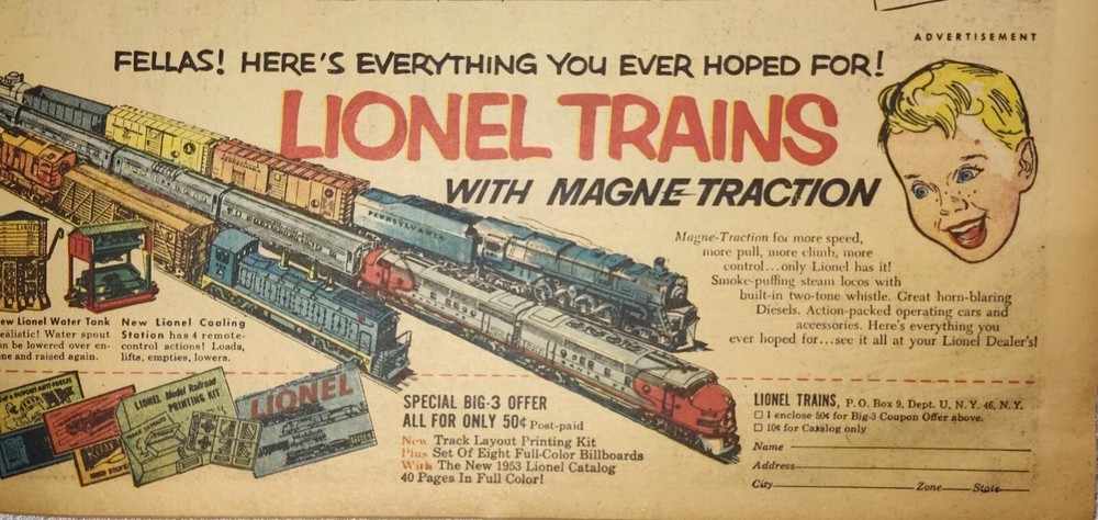 1953 Lionel Trains Vintage Magazine Ad Print 10x4 Inch Collectible Railroad Ephemera