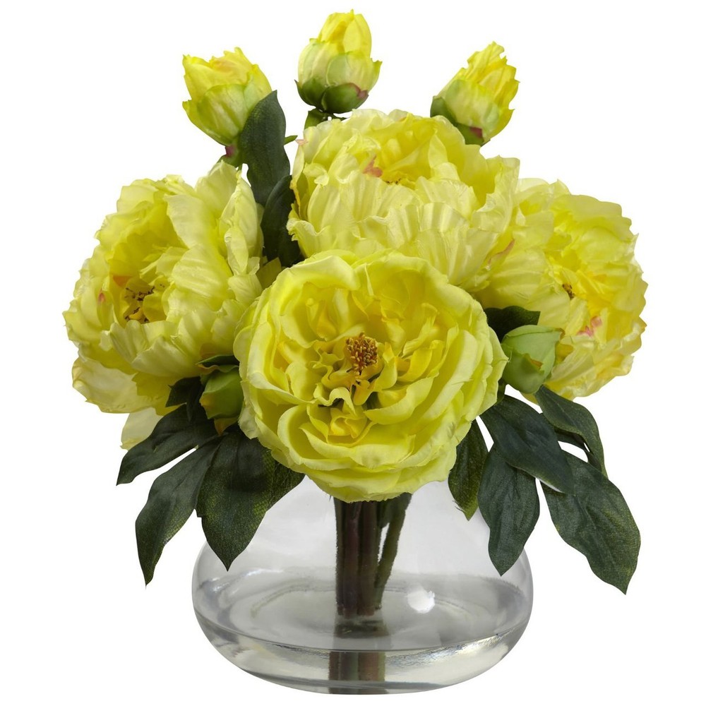 Yellow Rose and Peony Silk Flower Floral Arrangement with Vase - Artificial Elegance