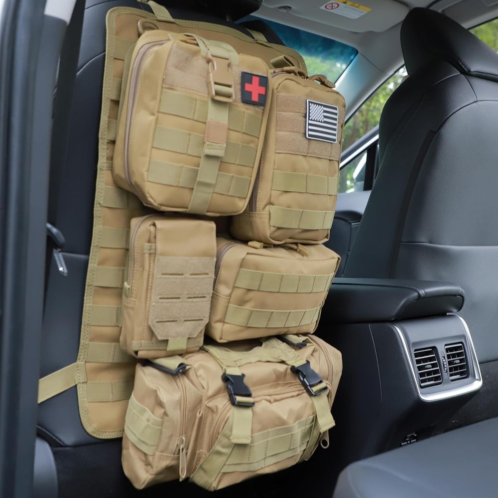 Tactical Car Seat Organizer with 5 Detachable Molle Pockets in Khaki