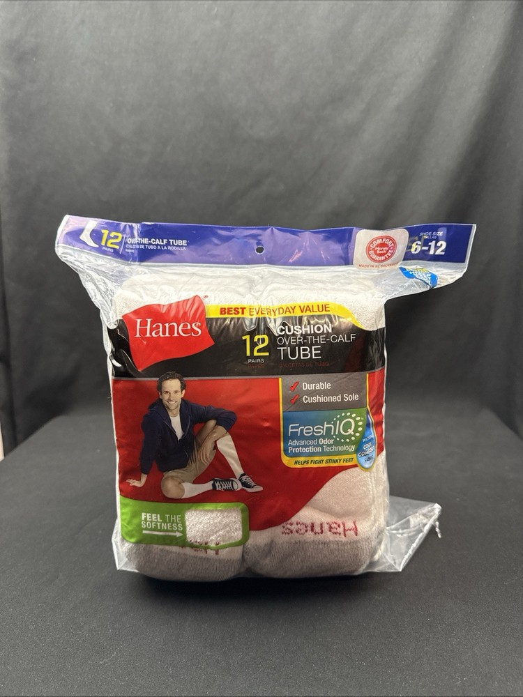 Hanes 12 pr Cushioned Over the Calf Mens socks Size 6-12 (White) USA New-Sealed