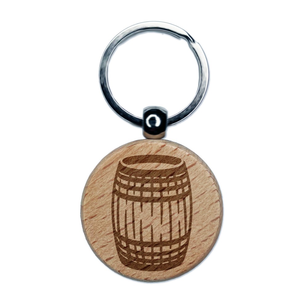 Wine Wood Cask Barrel Upright Engraved Wood Round Keychain Tag Charm