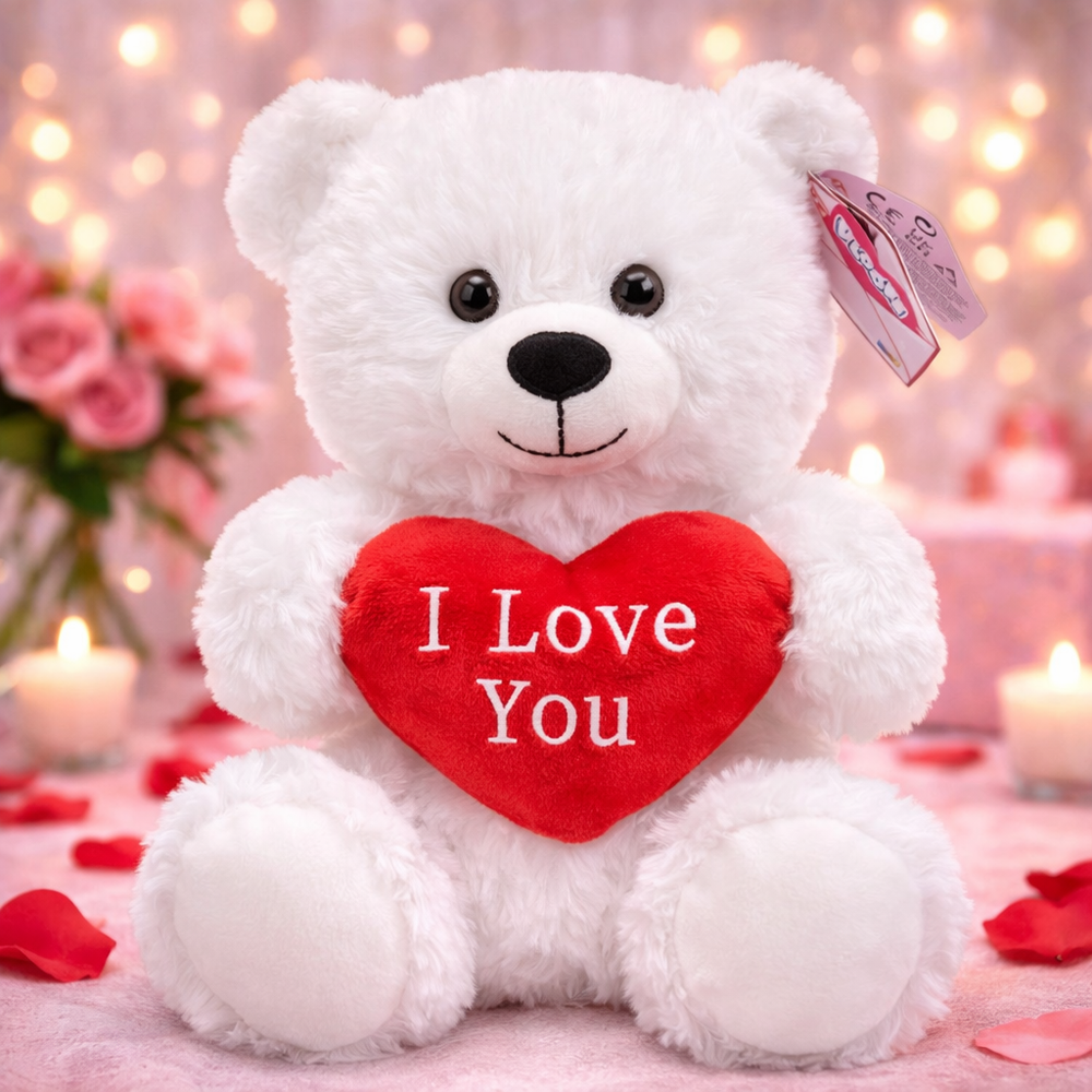 Valentines Day Gift White Cuddly Plush Soft Teddy Bear & I Love You Heart 30cm-image