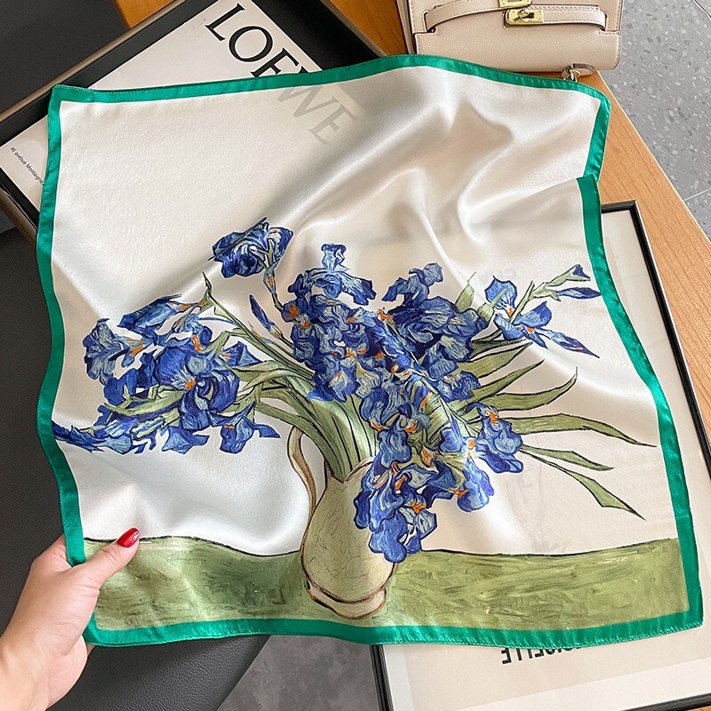 100% Silk 20-Inch Floral Oil Painting Square Scarf for Women