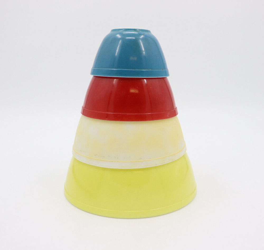 Vintage 1960s Pyrex Primary Colors Mixing Bowl Set in Red Yellow Blue - AS IS