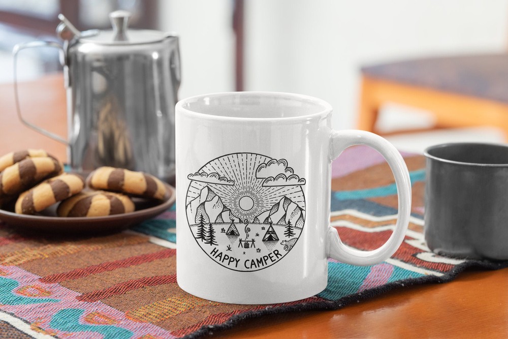 Happy Camper Funny Camping Coffee Mug in White