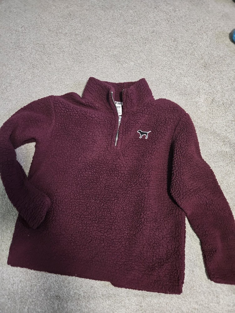 VS Victorias Secret PINK Pullover Quarter Zip Sherpa Jacket Sweater Burgundy Sm