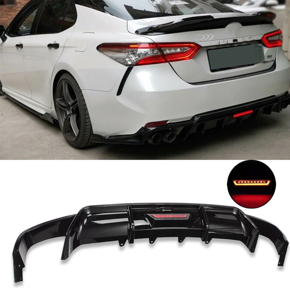 Fits 2018-2024 TOYOTA CAMRY SE XSE GLOSSY BLACK REAR BUMPER DIFFUSER W LED LIGHT