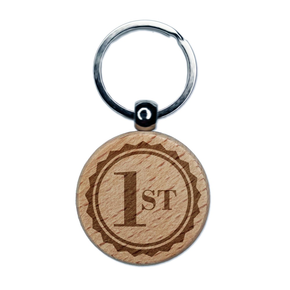 First 1st Place Circle Award Engraved Wood Round Keychain Tag Charm