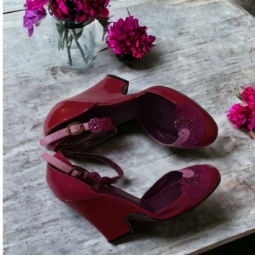 MARC JACOBS Retro Heels Wedges Pumps Shoes Size 6 36 Ankle Strap Pink Purple