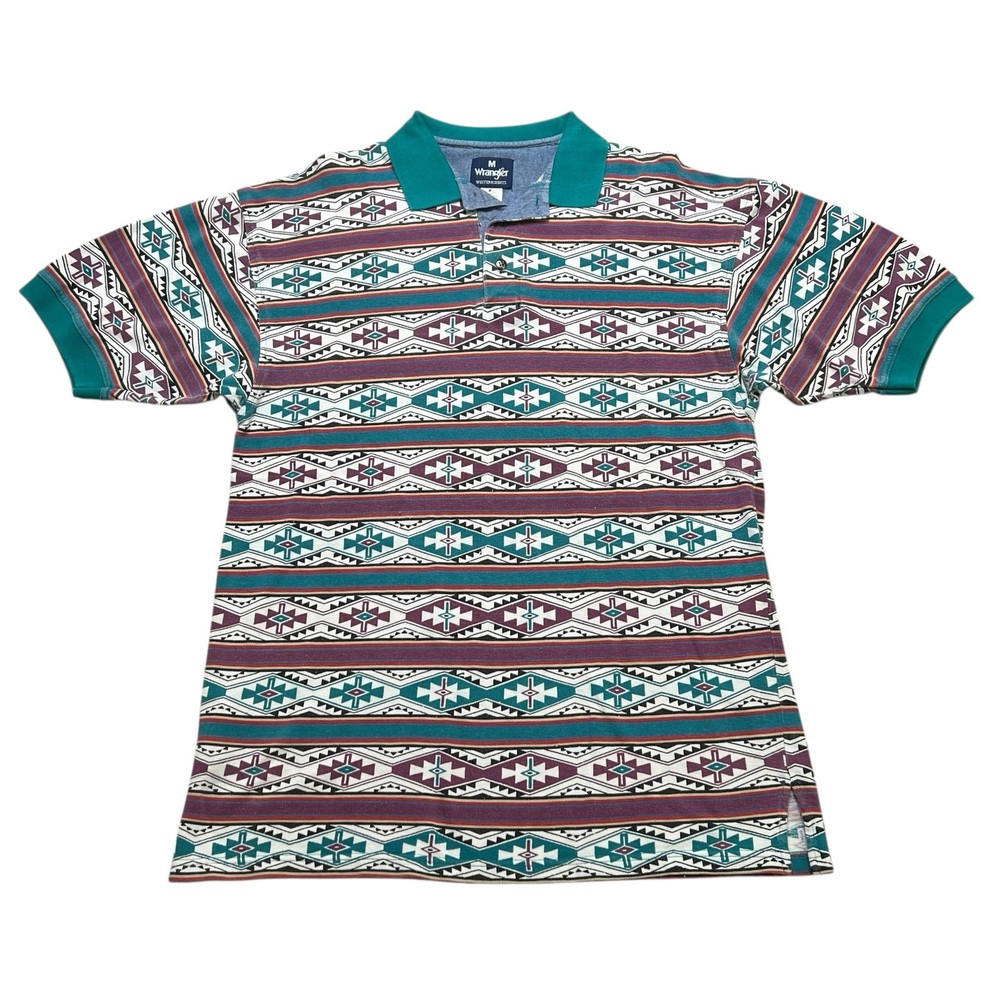 Vintage Wrangler Western Shirts Polo Shirt Men’s M Aztec Southwest Pattern Retro