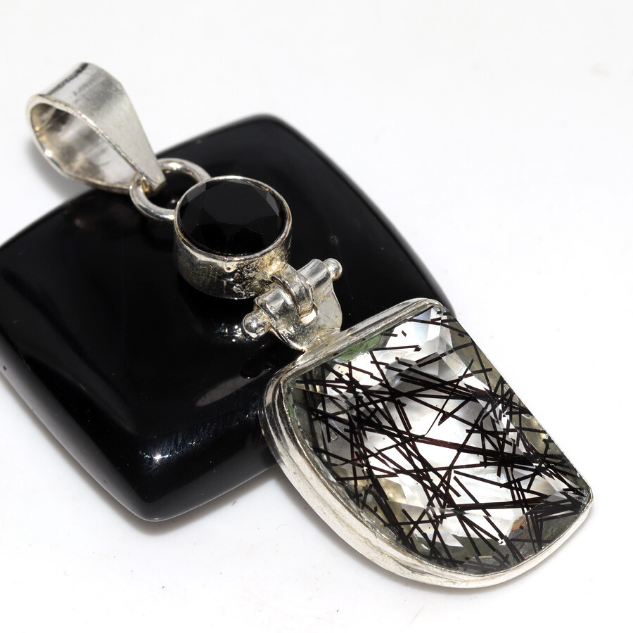 Natural Black Rutile Onyx 925 Silver Plated Long Gemstone Pendant 2 Inches JW