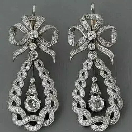 2.10Ct Round Cut Real Moissanite Bow Style Dangle Earring 14K White Gold Plated