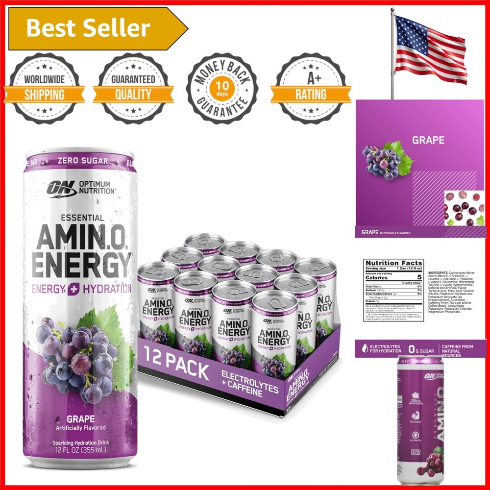 Amino Energy Sparkling Hydration Drink - Grape Flavor, 100mg Caffeine, 12 Pack