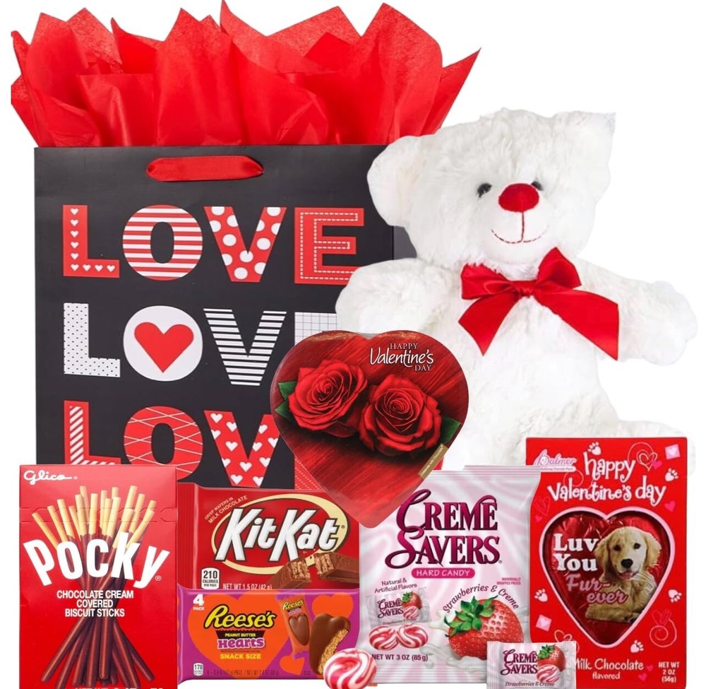 Valentines Day Gift Basket Set Teddy Bear Plush (RED OR WHITE) Design Varies-image