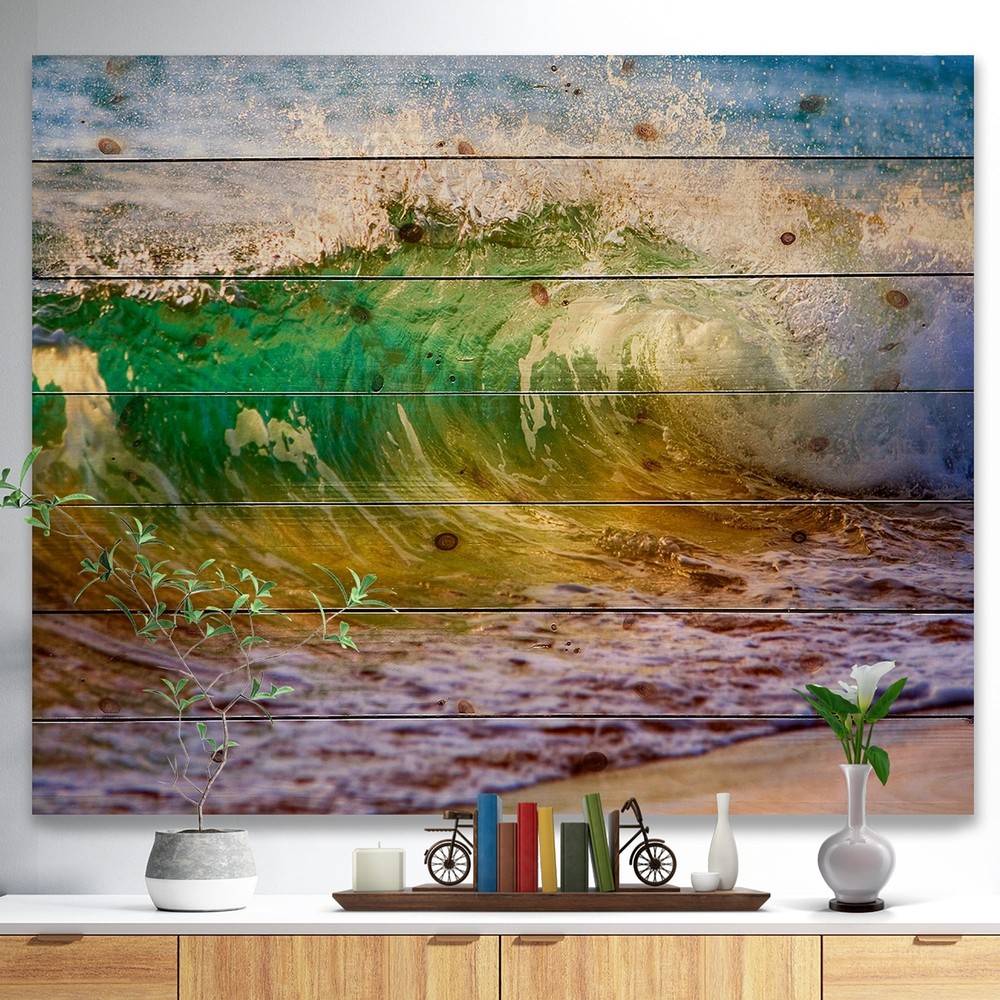 Designart 'Ocean Turning Green' Seascape Print on Natural  Small