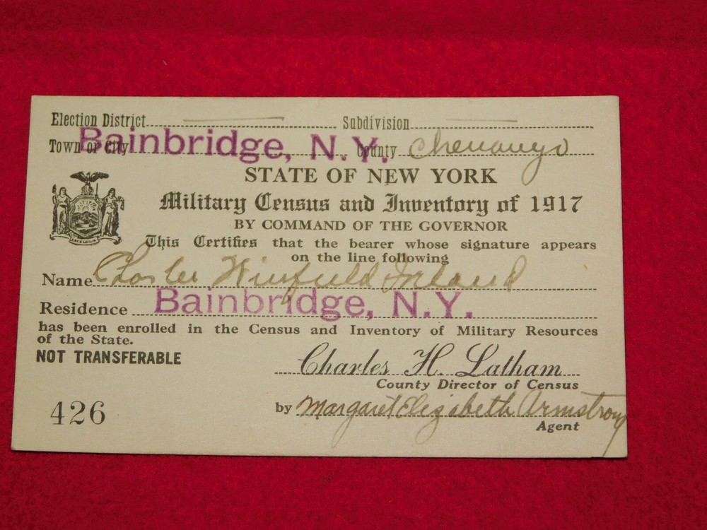 VINTAGE BUSINESS CARD WWI BAINBRIDGE NY MILITARY CENSUS & INVENTORY of 1917
